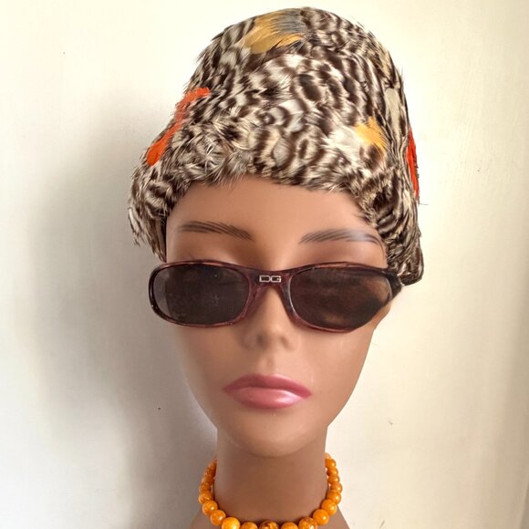 Vintage 60s Italy Pillbox Toque Quail Feathers Brown Striped Color Pop Hat 22\